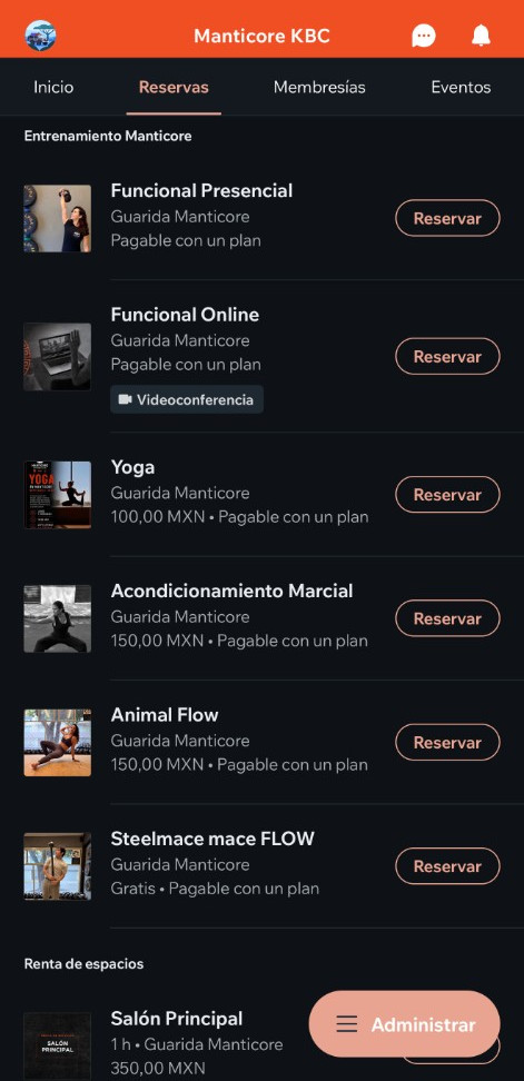 Reservas en Manticore KBC: lista de clases con el botón Reservar.