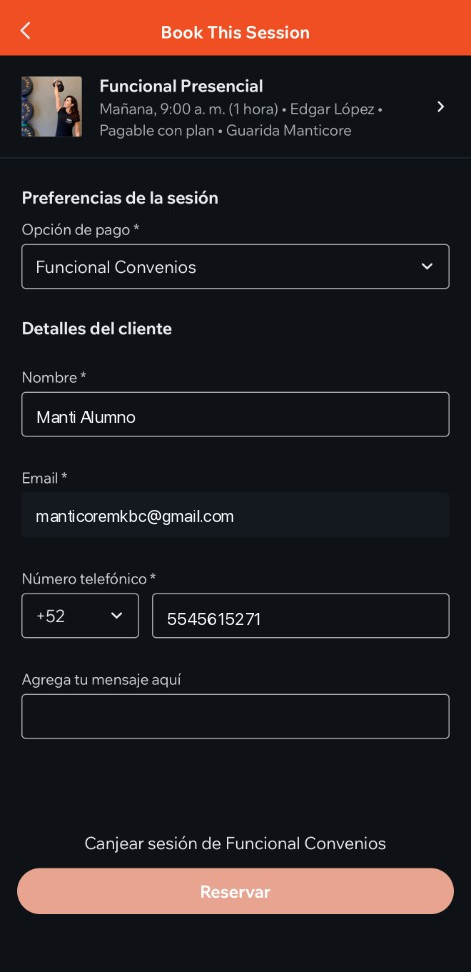 Formulario de la sesión: opción de pago, nombre, correo y teléfono.