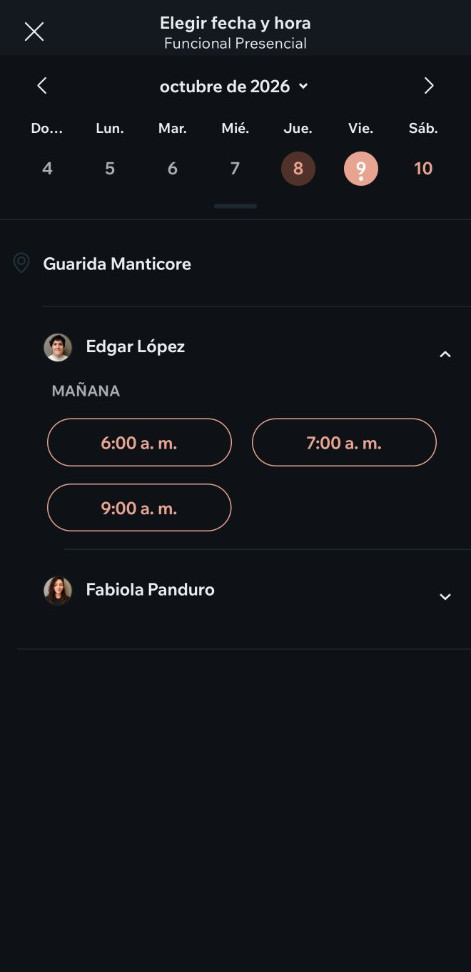 Elegir fecha y hora de Funcional presencial, con horarios de Edgar López y Fabiola Panduro en Guarida Manticore.