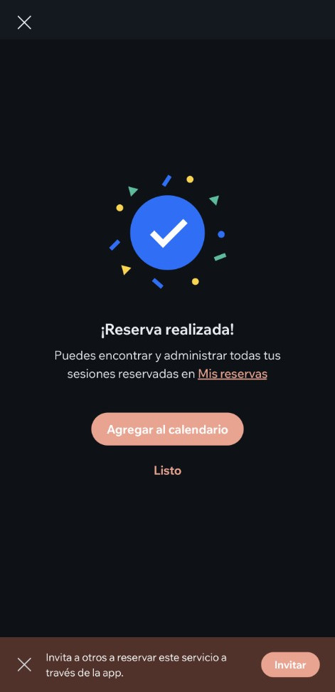 Pantalla de reserva realizada, con Agregar al calendario y Listo.